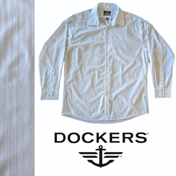 Men's Dockers White Striped Button Down Dress Shirt, Size Large 16-16.5, 32-33 - Picture 1 of 7